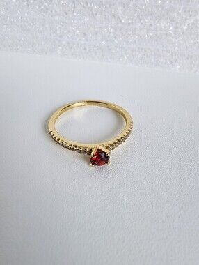 Gold Plated Garnet Red Solitaire Ring CZ Pave Band Dainty Stackable Size 7